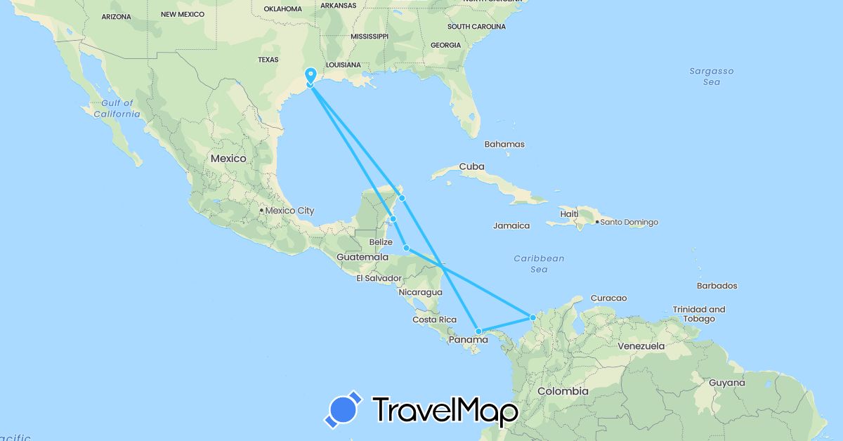 TravelMap itinerary: driving, boat in Colombia, Honduras, Mexico, Panama, United States (North America, South America)